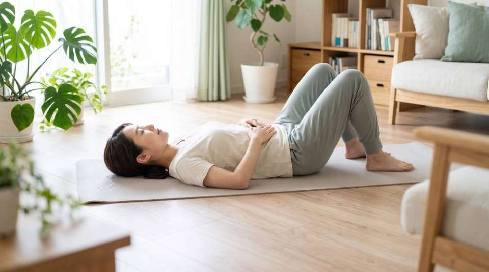 床にあお向けになりゆっくり呼吸を整える女性(イメージ)