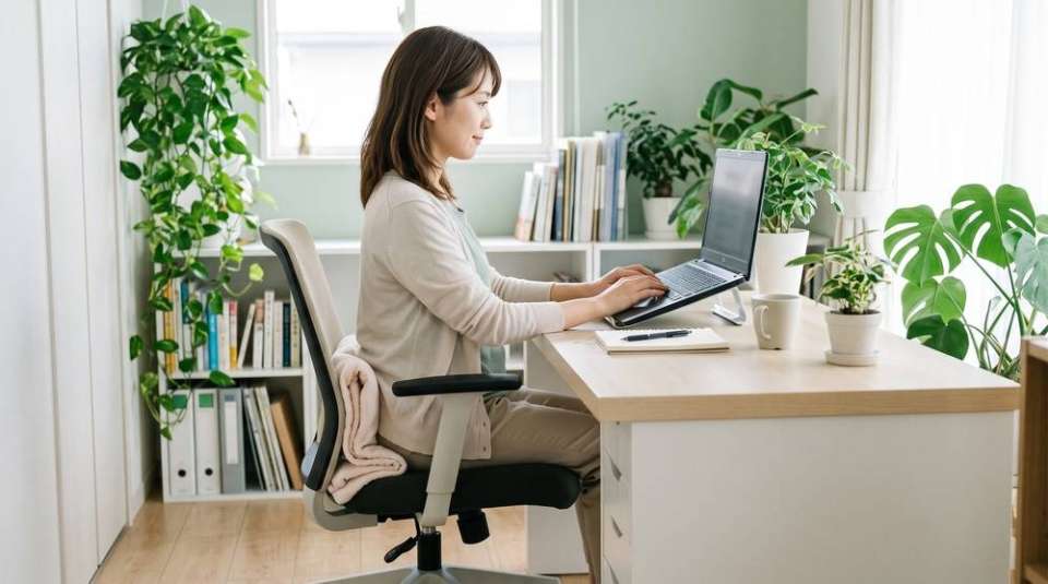 椅子に深く座り背すじを伸ばしてパソコン作業をする女性(イメージ)